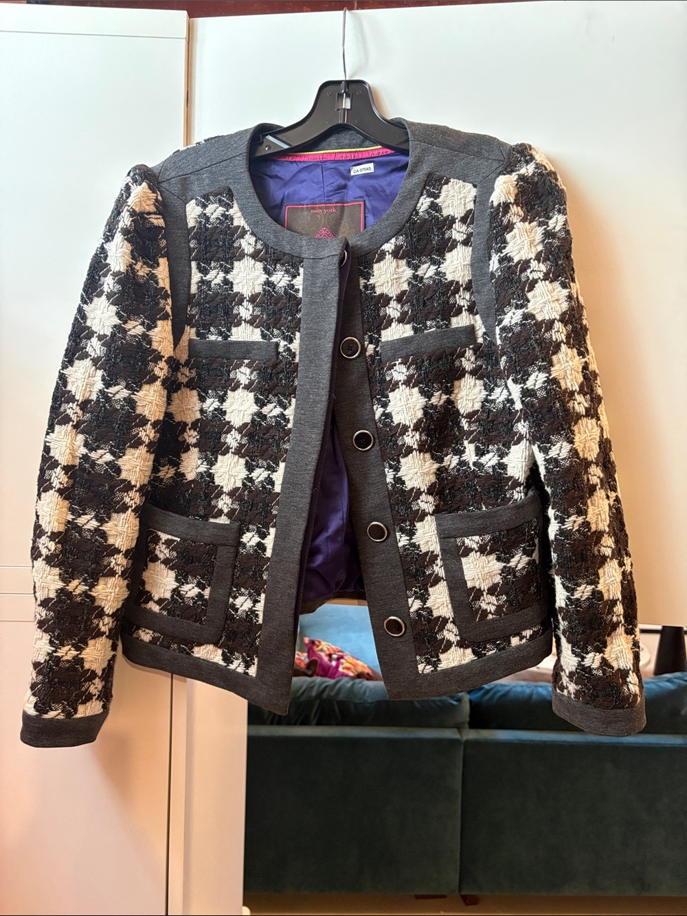 Checked Tweed Crewneck Jacket - Black & Cream